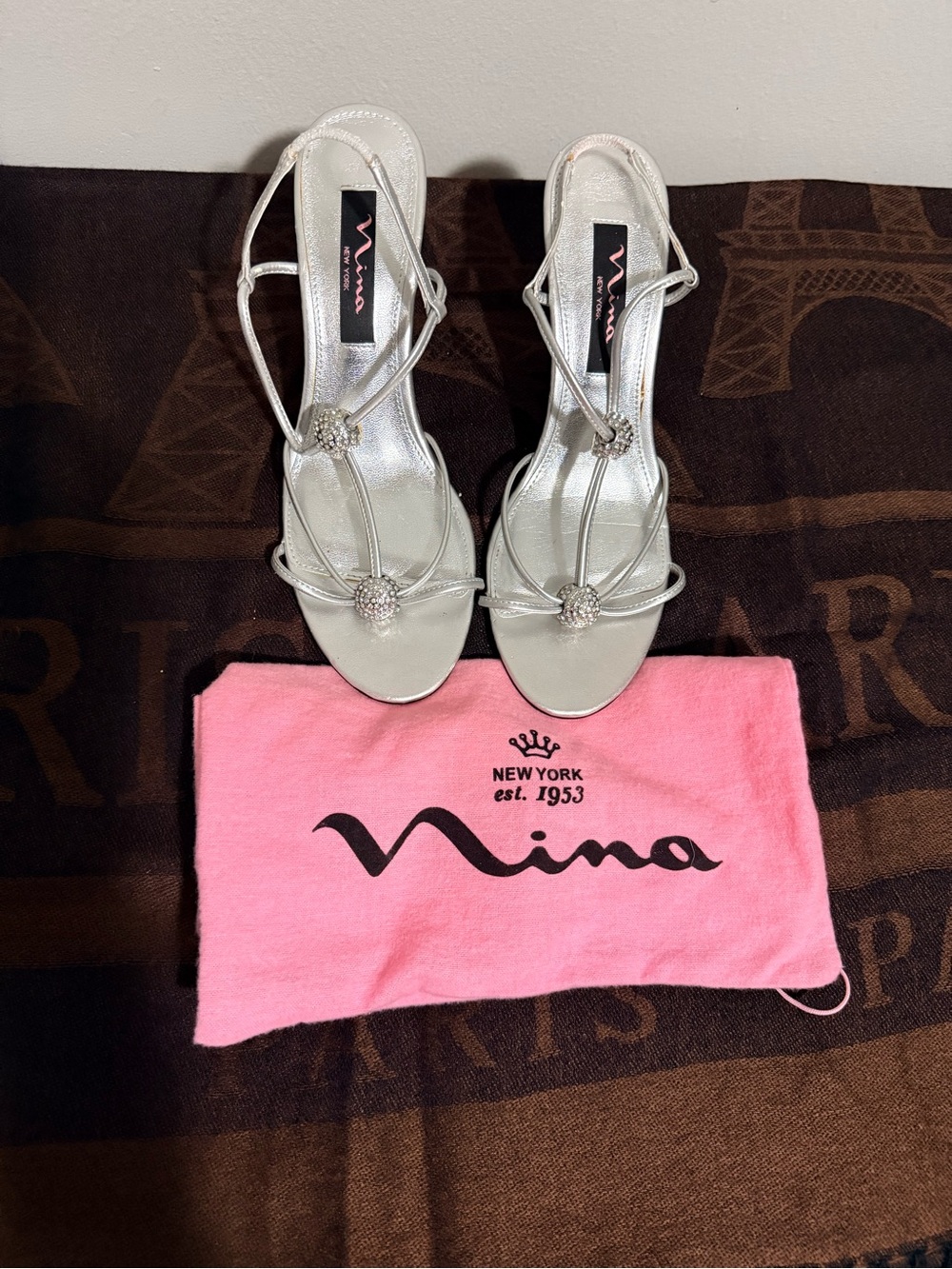 Nina Silver Rhinestone T-Strap Heels